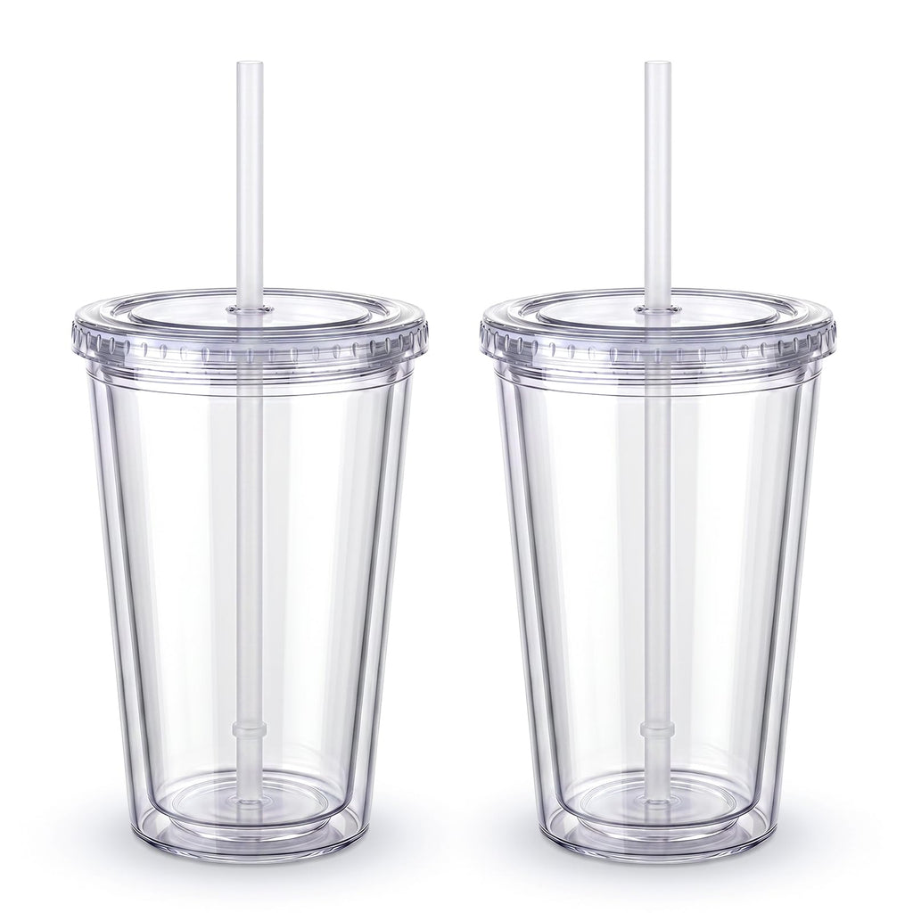 Clear Double Wall Plastic Tumbler with Lid and Straw 16 oz, 2 Pack R4872