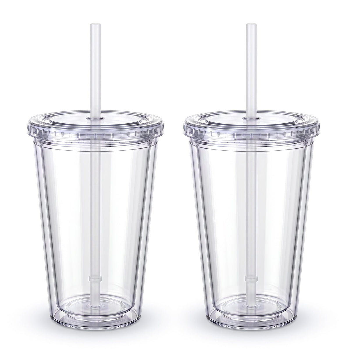 Clear Double Wall Plastic Tumbler with Lid and Straw 16 oz, 2 Pack R4872