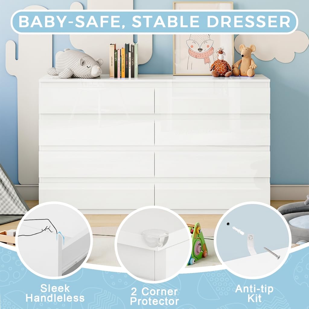 White 8 Drawer Wood Dresser A461