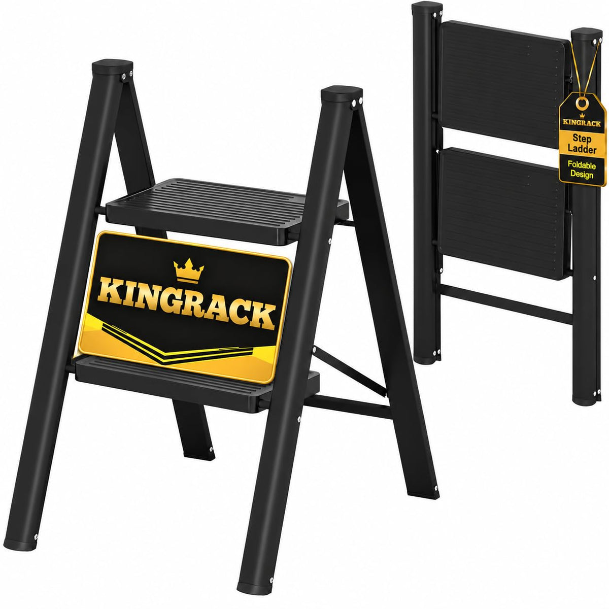 2 Step Folding Ladder with Non-Slip Wide Pedals and Safety Lock, Black Y740