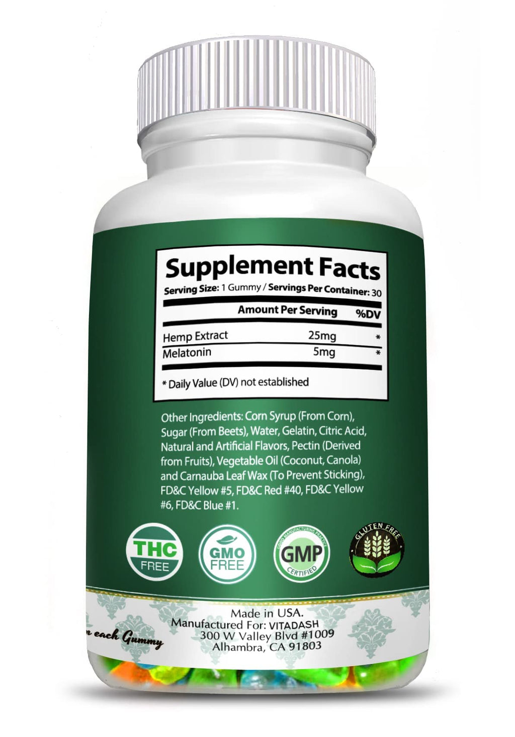 Melatonin Hemp Gummies 5mg 25mg 60 Servings Q9786
