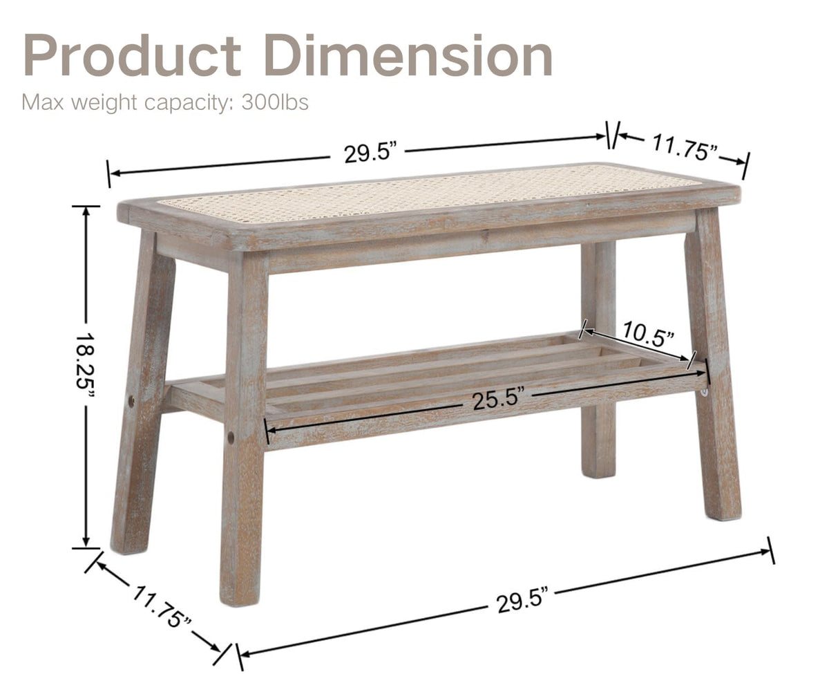 30 Inch Rattan Wooden Entryway Bench with Shoe Rack G227