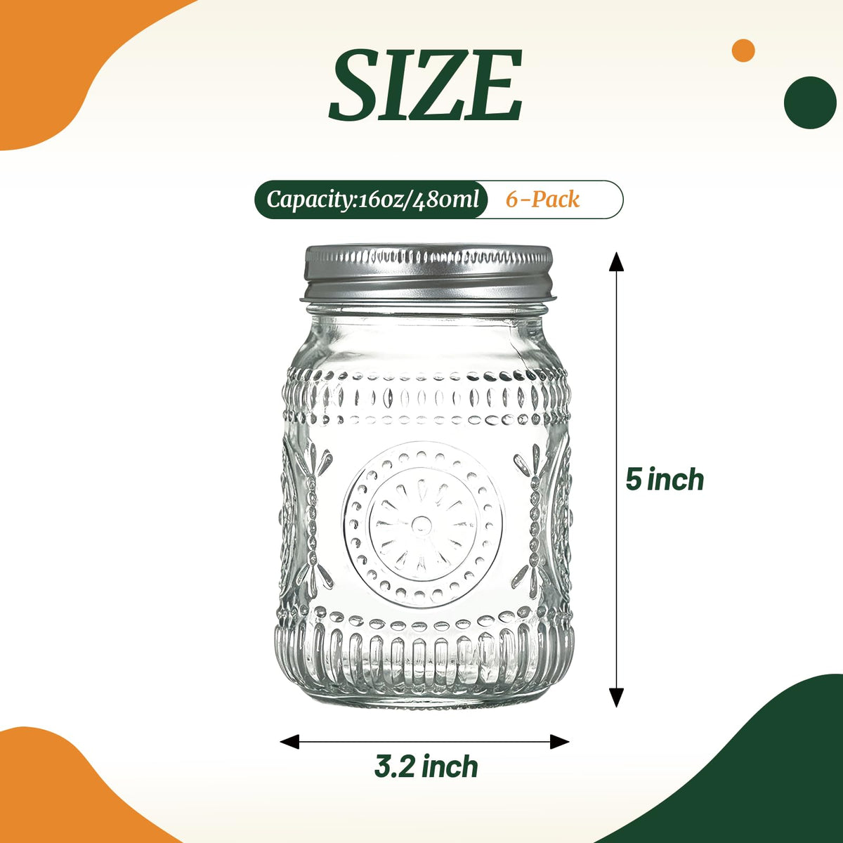 6-Pack Glass Mason Jars 16 oz Wide Mouth Canning Jars R9244