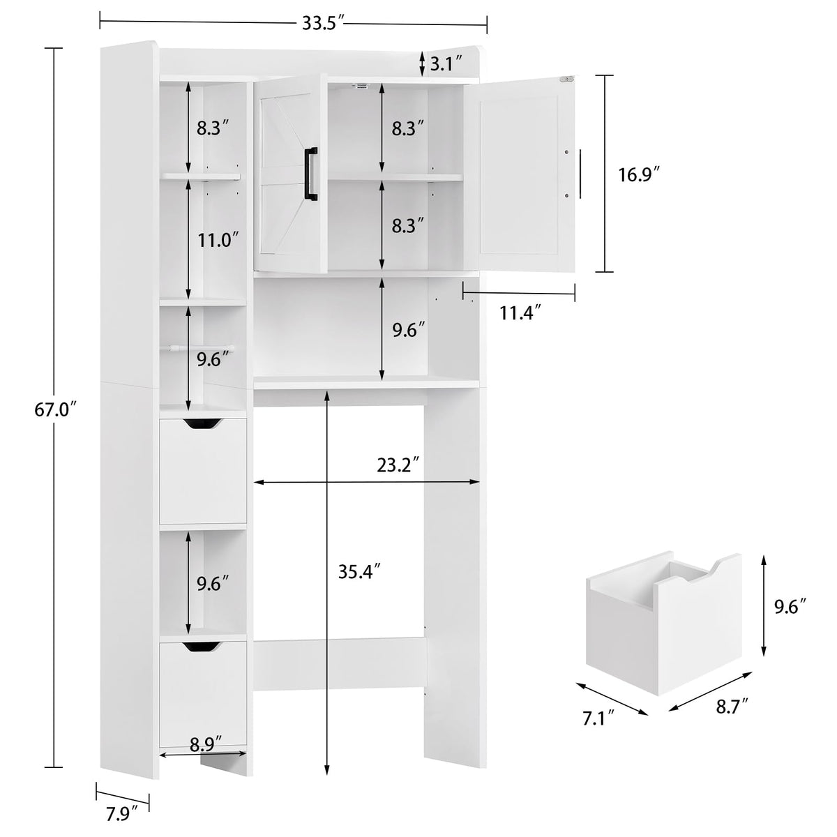 White Over the Toilet Storage Cabinet with 2 Removable Drawers Y9246