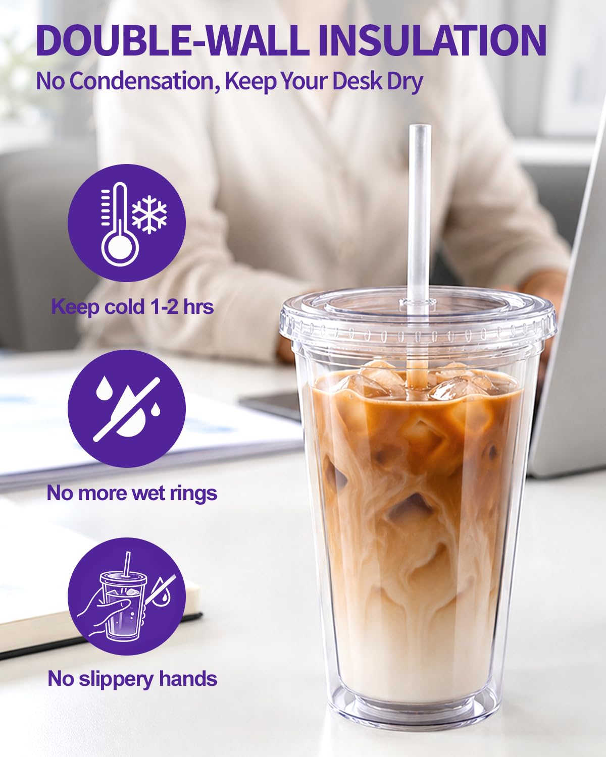 Clear Double Wall Plastic Tumbler with Lid and Straw 16 oz, 2 Pack R4872
