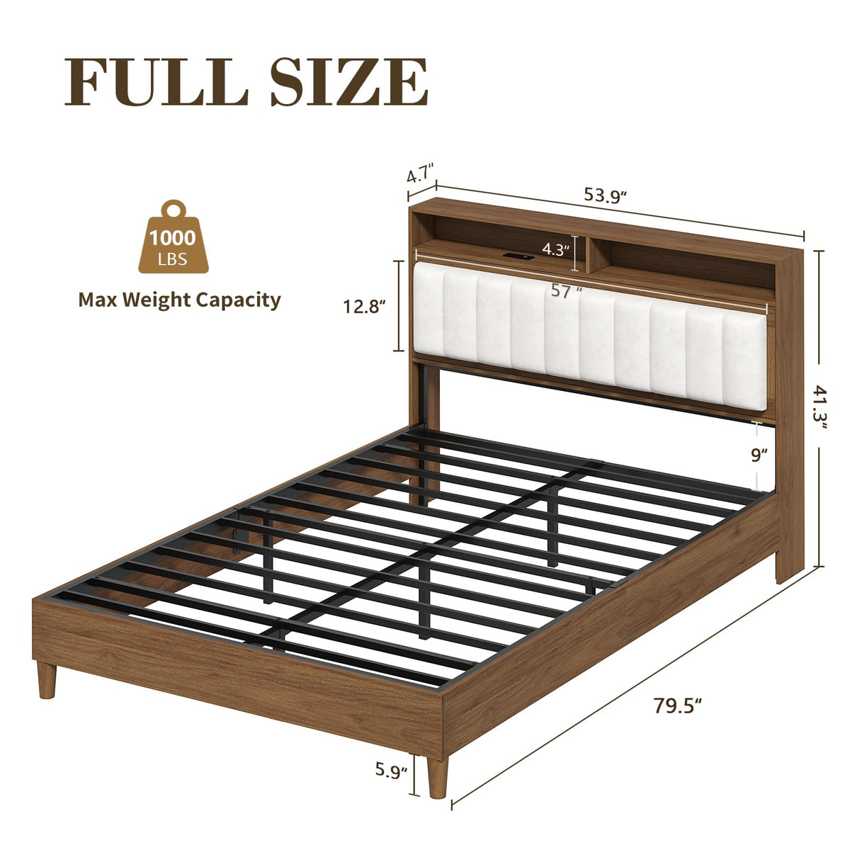 Wood Full Size Bed Frame with Charging Station & LED Lights T83722