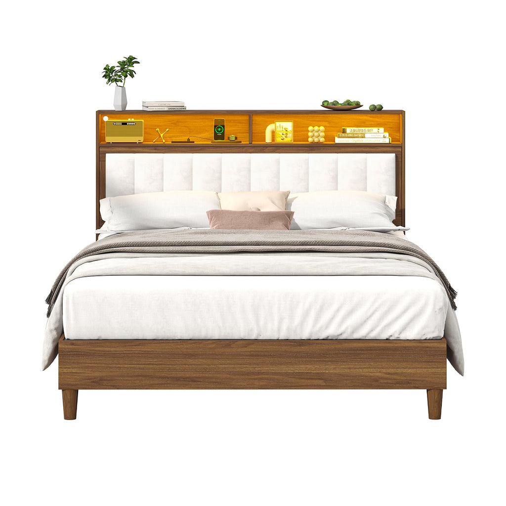 Wood Full Size Bed Frame with Charging Station & LED Lights T83722