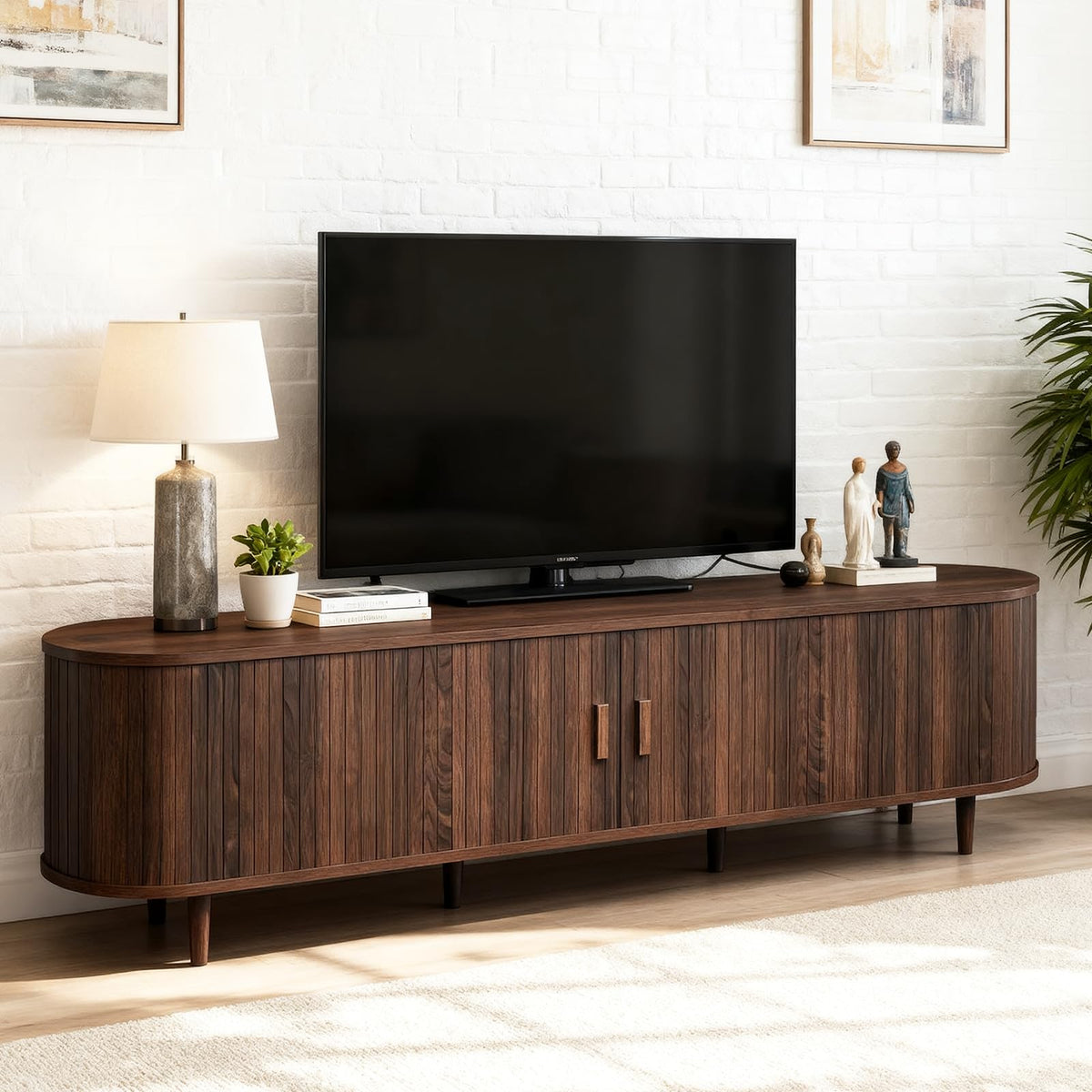 70" Walnut TV Stand with Sliding Doors and Adjustable Shelves Q749632