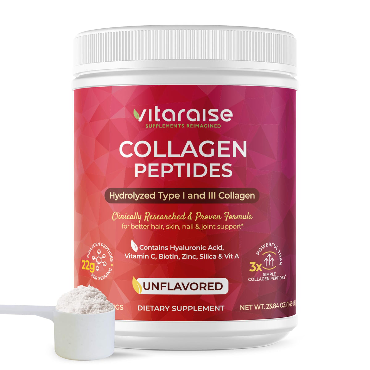 Hydrolyzed Collagen Powder, Grass Fed, 22g/Serving, 1.49lb T994791