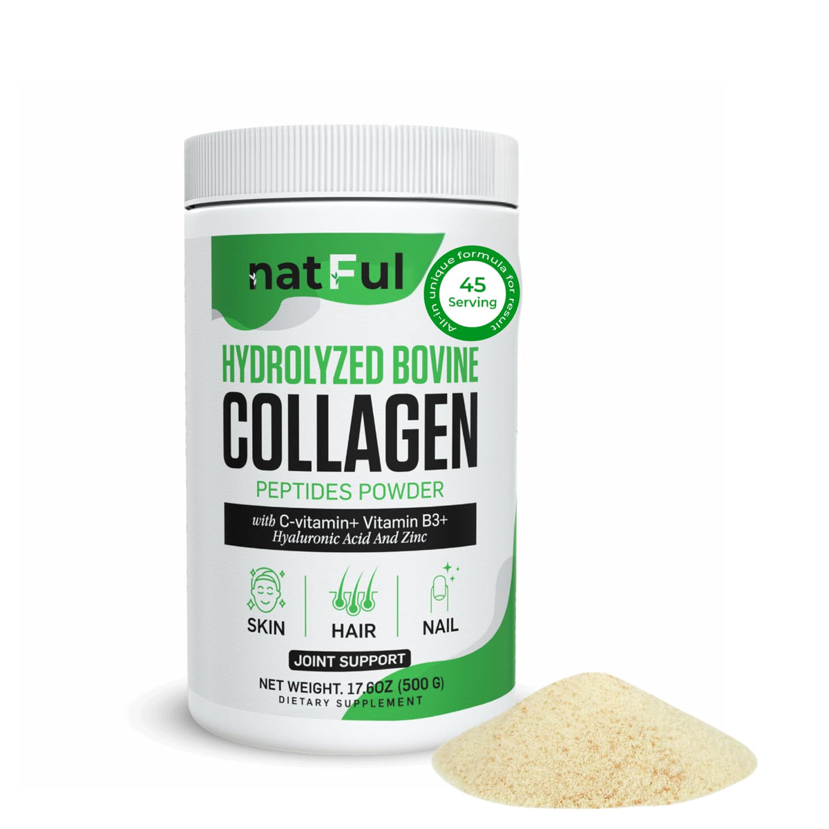 Hydrolyzed Bovine Collagen Peptides Powder with Vitamin C, Hyaluronic Acid, Zinc & B3 O7197