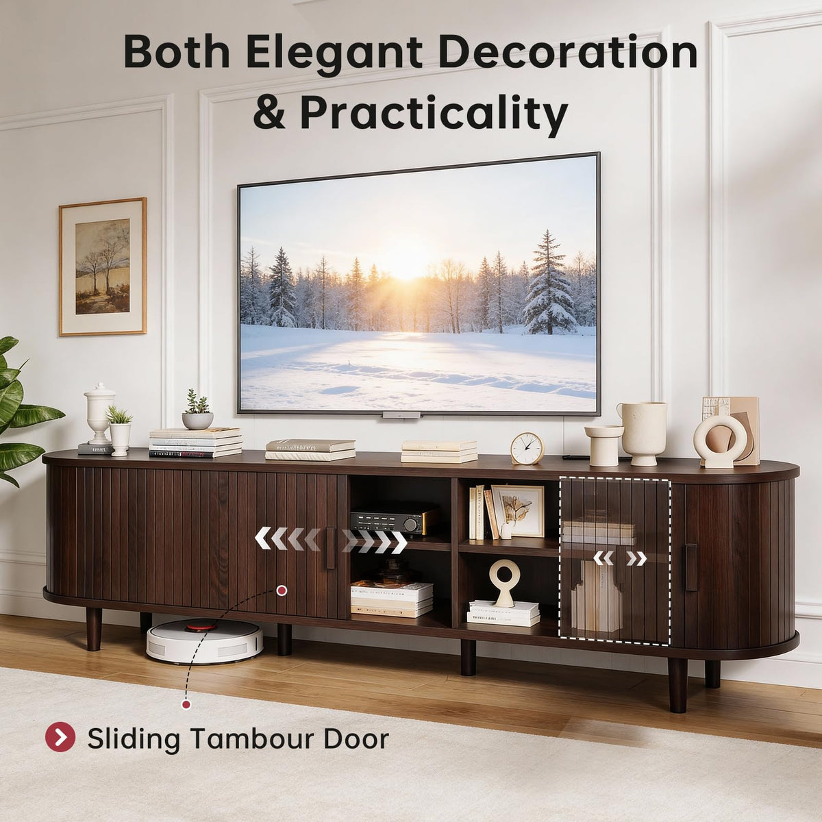 70" Walnut TV Stand with Sliding Doors and Adjustable Shelves Q749632