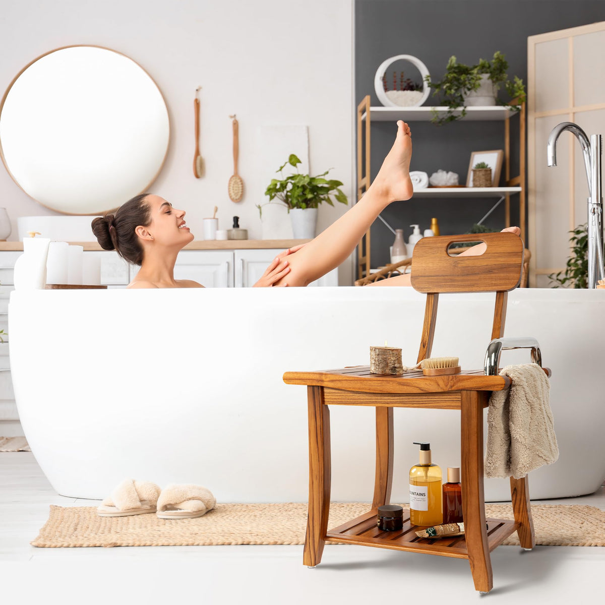 Teak Shower Bench with Handles and Backrest L500