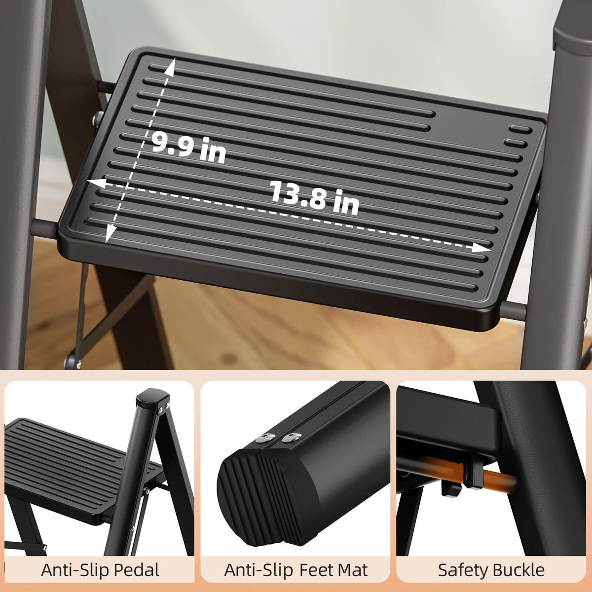 2 Step Folding Ladder with Non-Slip Wide Pedals and Safety Lock, Black Y740