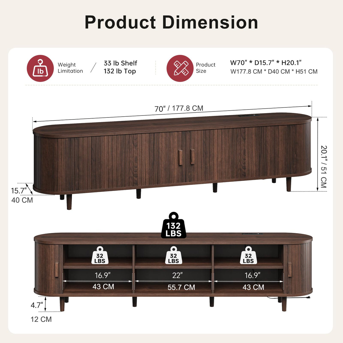 70" Walnut TV Stand with Sliding Doors and Adjustable Shelves Q749632
