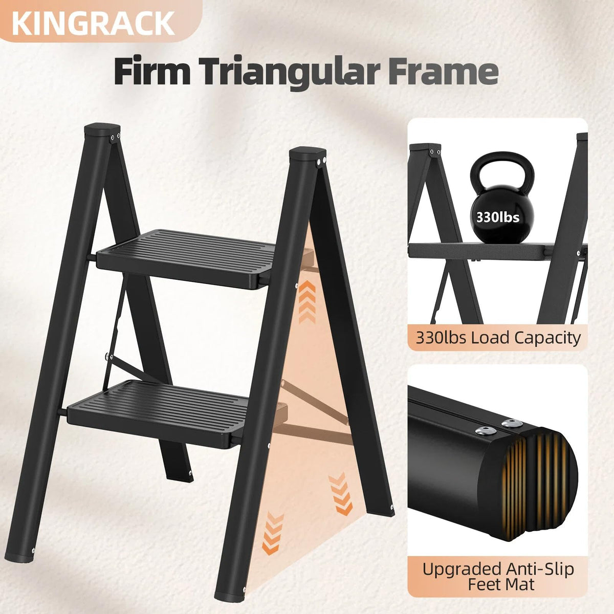 2 Step Folding Ladder with Non-Slip Wide Pedals and Safety Lock, Black Y740