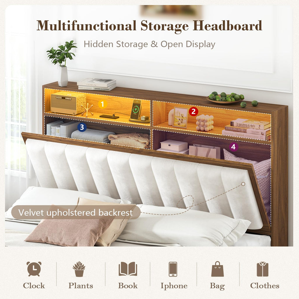 Wood Full Size Bed Frame with Charging Station & LED Lights T83722