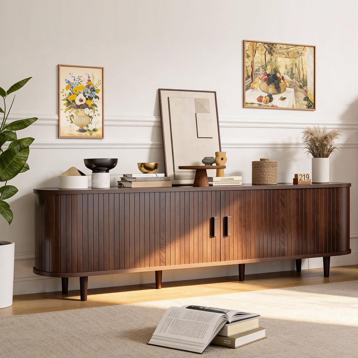 70" Walnut TV Stand with Sliding Doors and Adjustable Shelves Q749632