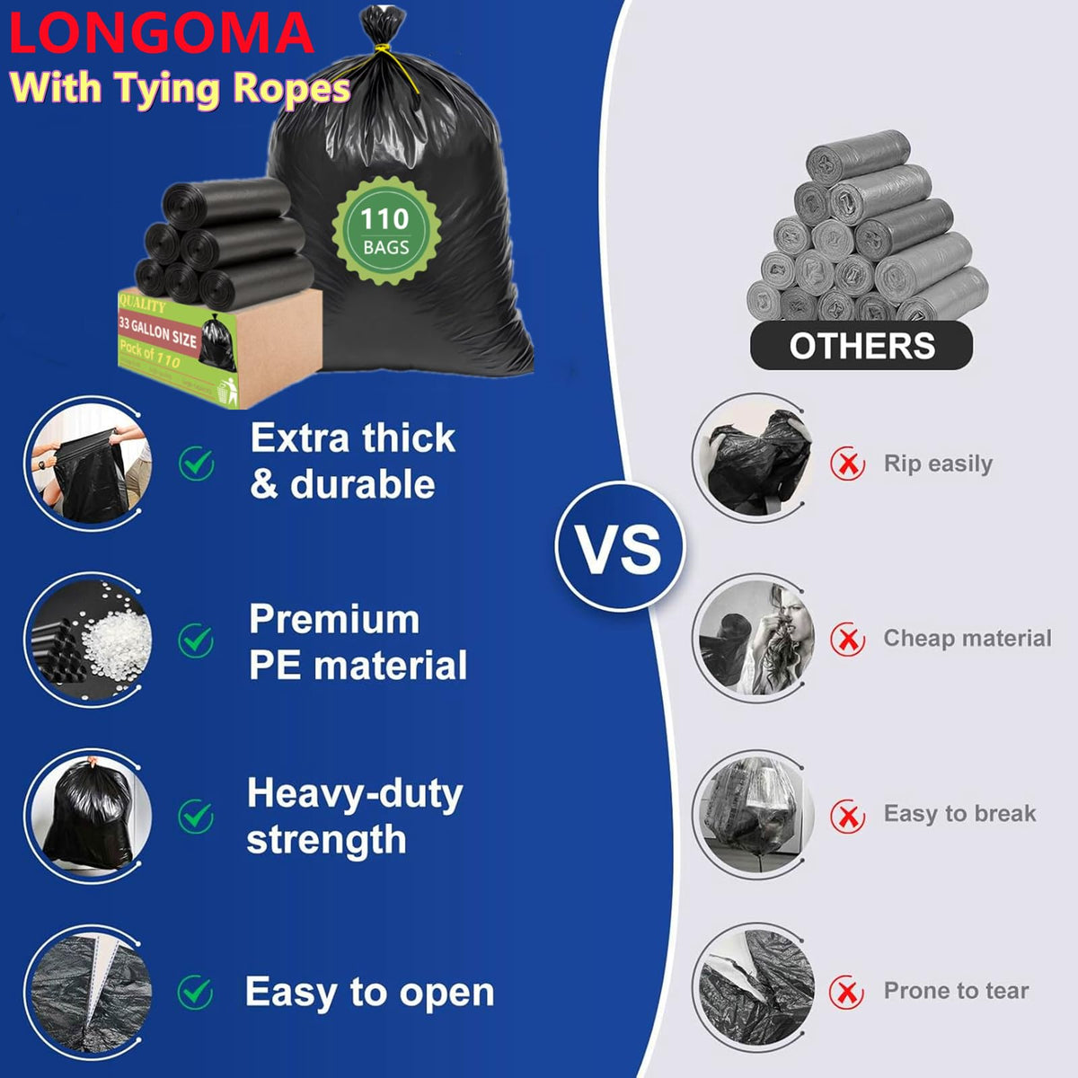 33 Gallon Heavy Duty Trash Bags 110 Count Black Can Liners W373725