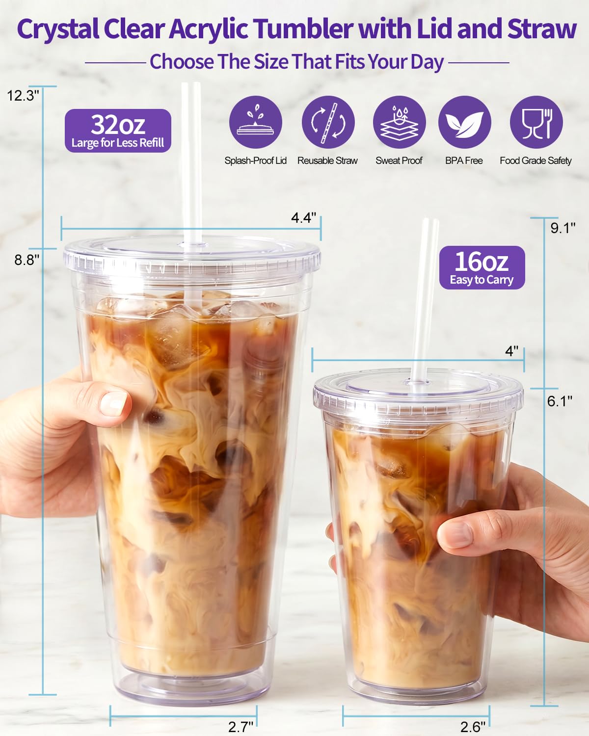 Clear Double Wall Plastic Tumbler with Lid and Straw 16 oz, 2 Pack R4872