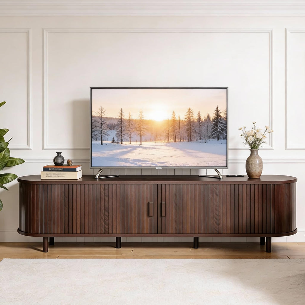 70" Walnut TV Stand with Sliding Doors and Adjustable Shelves Q749632