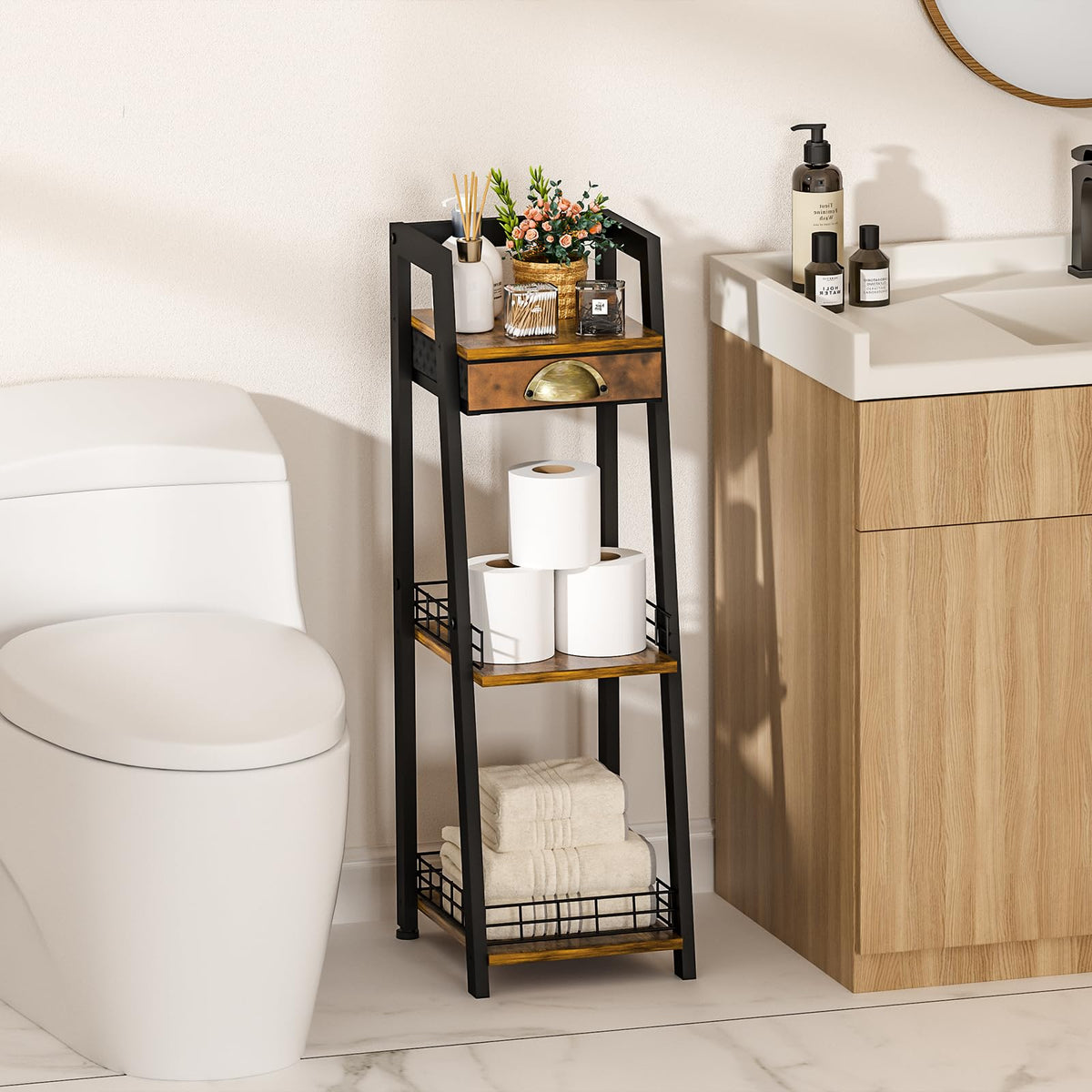 3-Tier Narrow Bathroom Shelves with Drawer A323