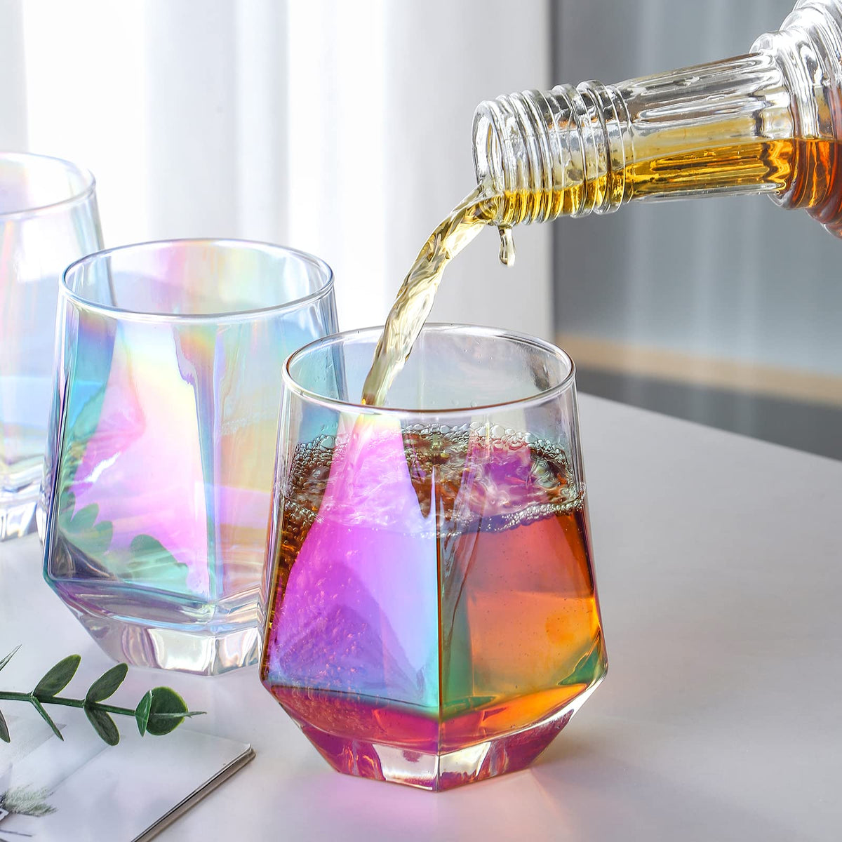 Stemless Wine Glasses Set of 6, 10 Oz Iridescent Diamond Shaped Glassware S285553
