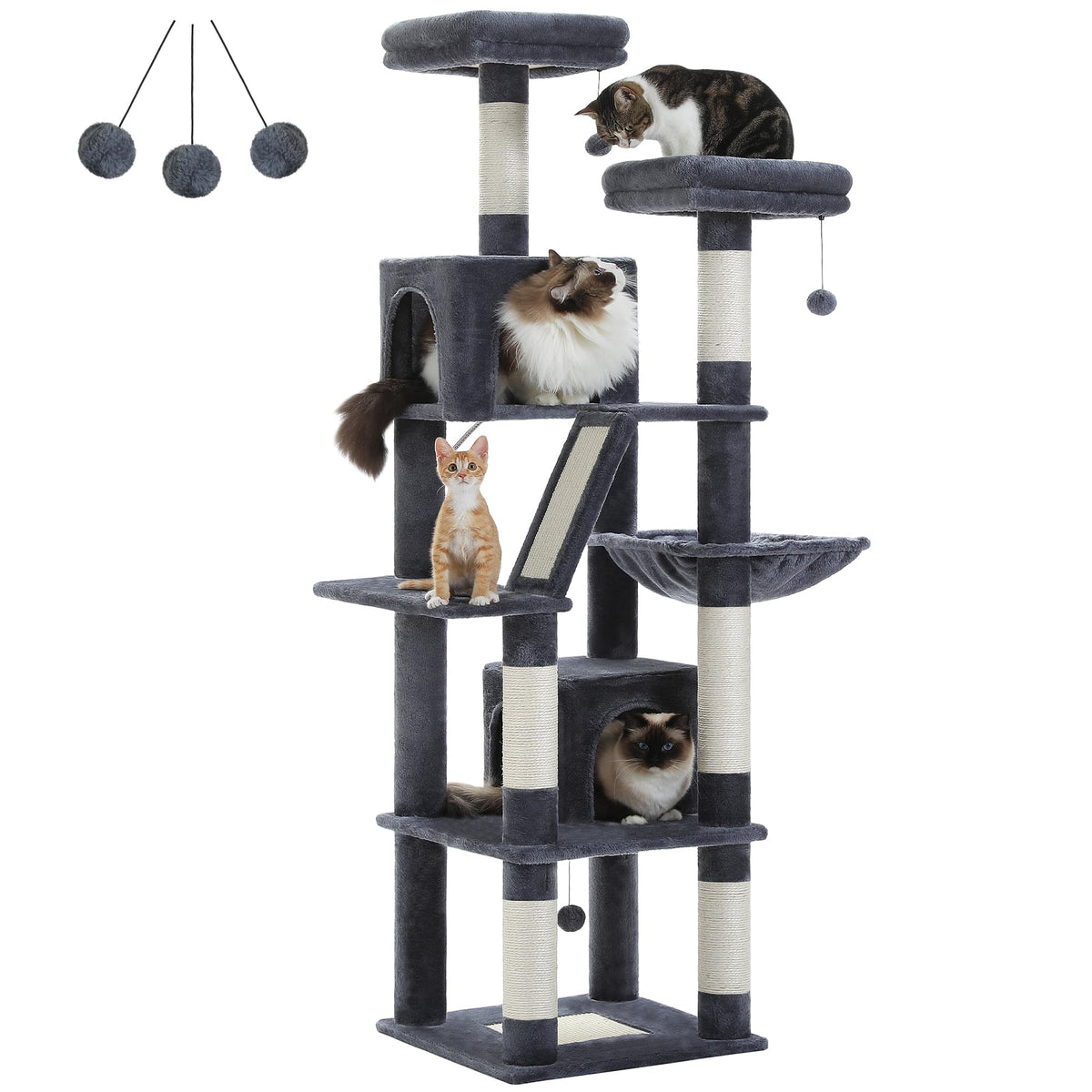 70 Inches Tall Dark Gray Cat Tree with 2 Condos W121