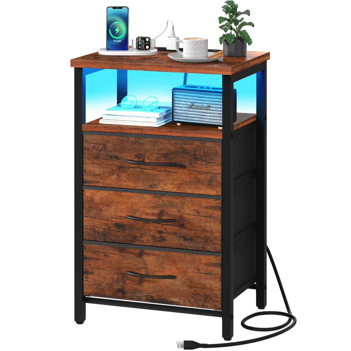 Red Brown Nightstand with Charging Station D67443