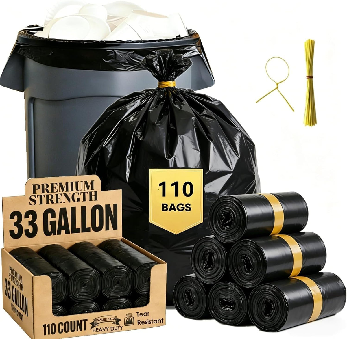 33 Gallon Heavy Duty Trash Bags 110 Count Black Can Liners W373725