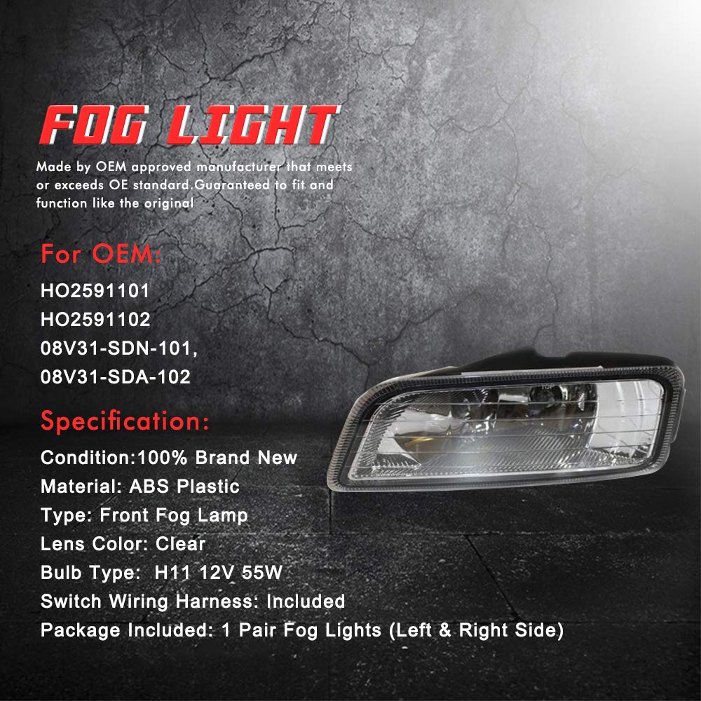 Driving Fog Lights Lamps Replacement with H11 12V 55W Halogen Bulbs & Wiring Harness Kit (Clear Lens) N949