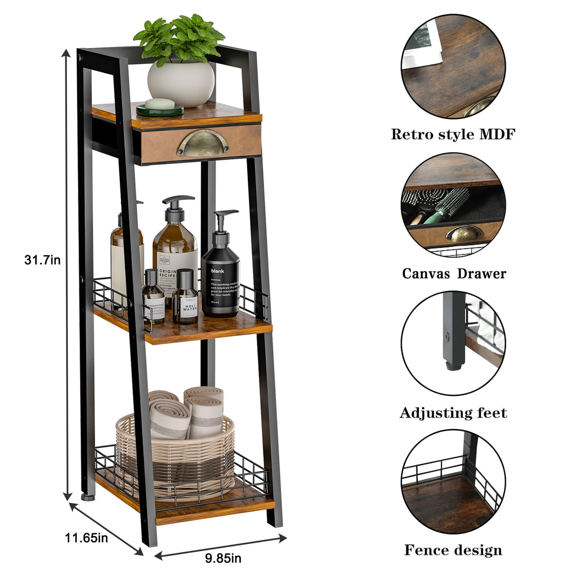 3-Tier Narrow Bathroom Shelves with Drawer A323