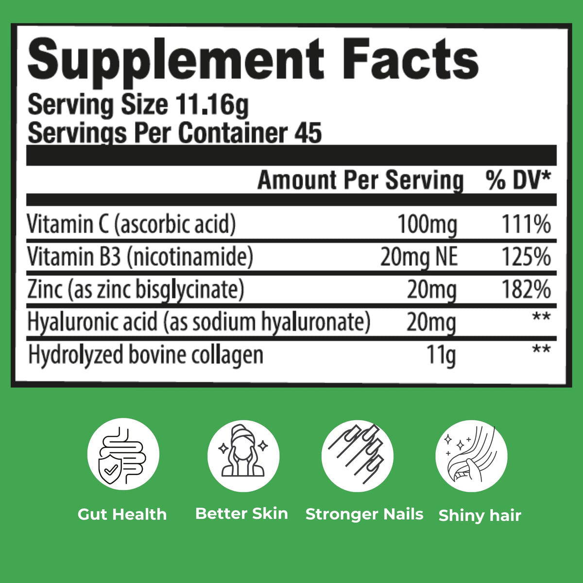 Hydrolyzed Bovine Collagen Peptides Powder with Vitamin C, Hyaluronic Acid, Zinc & B3 O7197