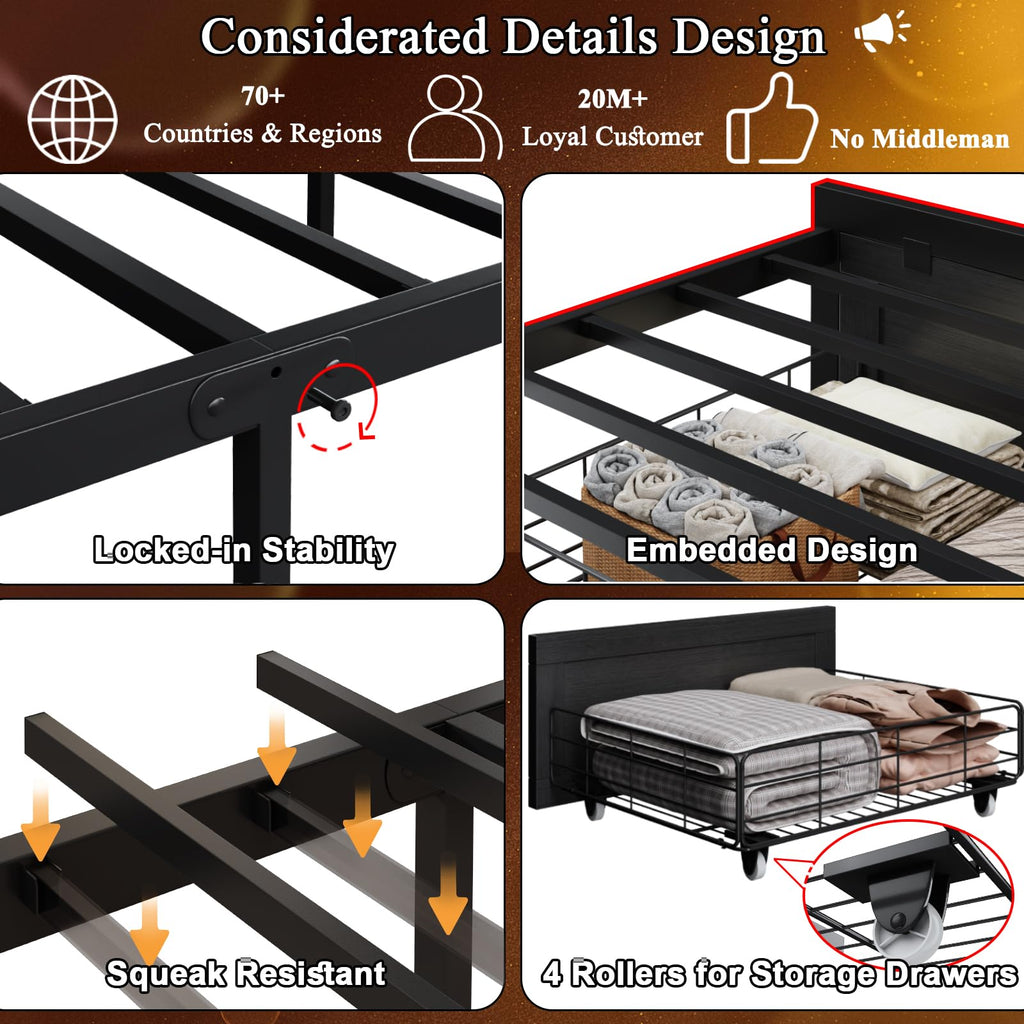 Black Twin Bed Frame with Storage Headboard and Drawers C520