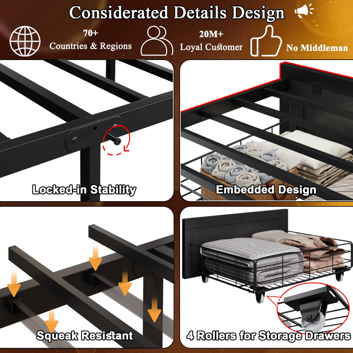 Black Twin Bed Frame with Storage Headboard and Drawers C520