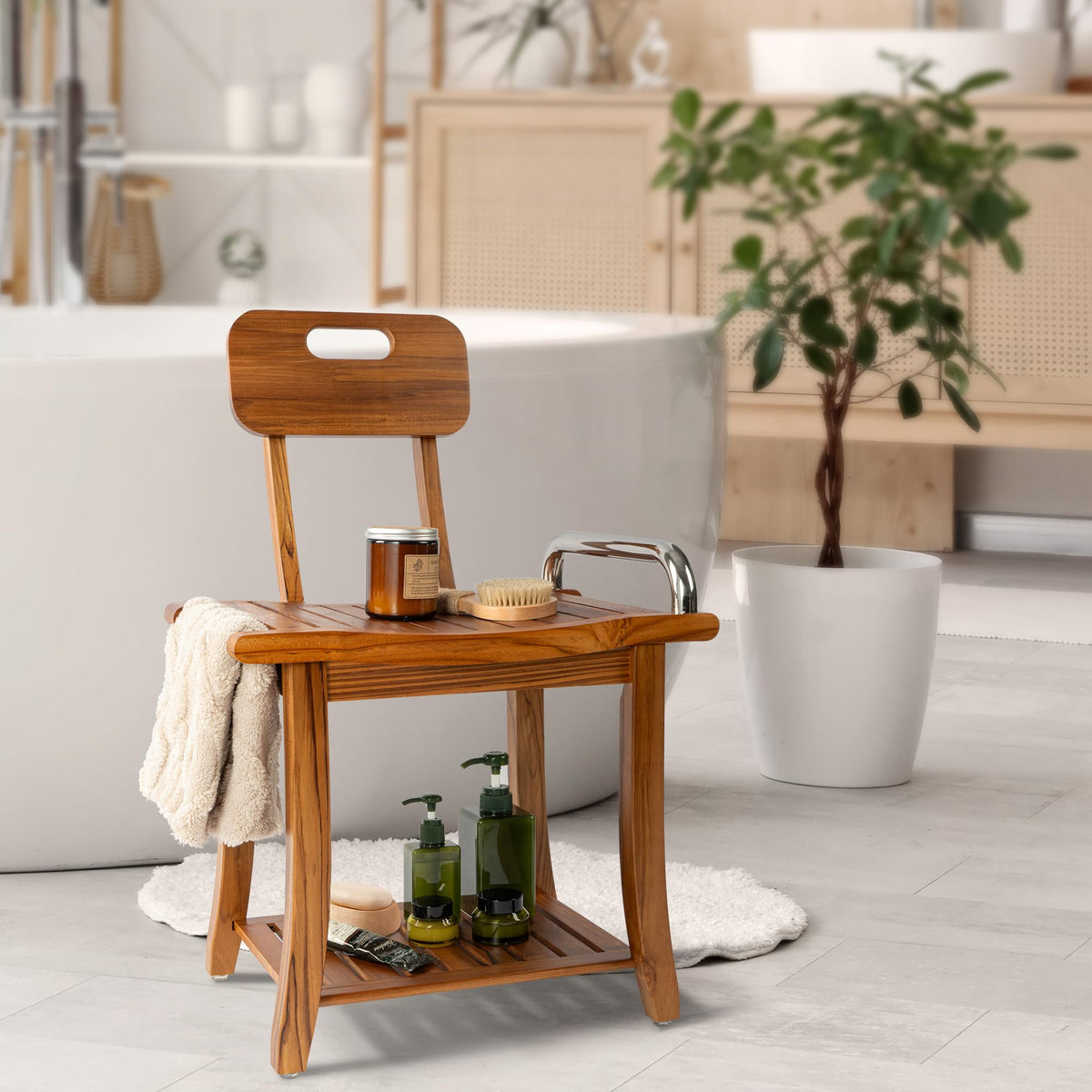 Teak Shower Bench with Handles and Backrest L500