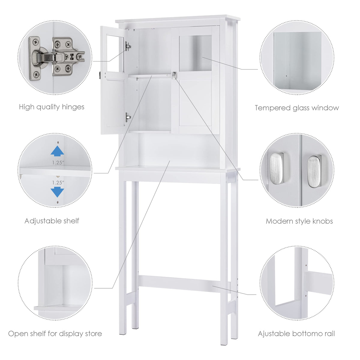 White Over the Toilet Storage Cabinet with Glass Doors G455460