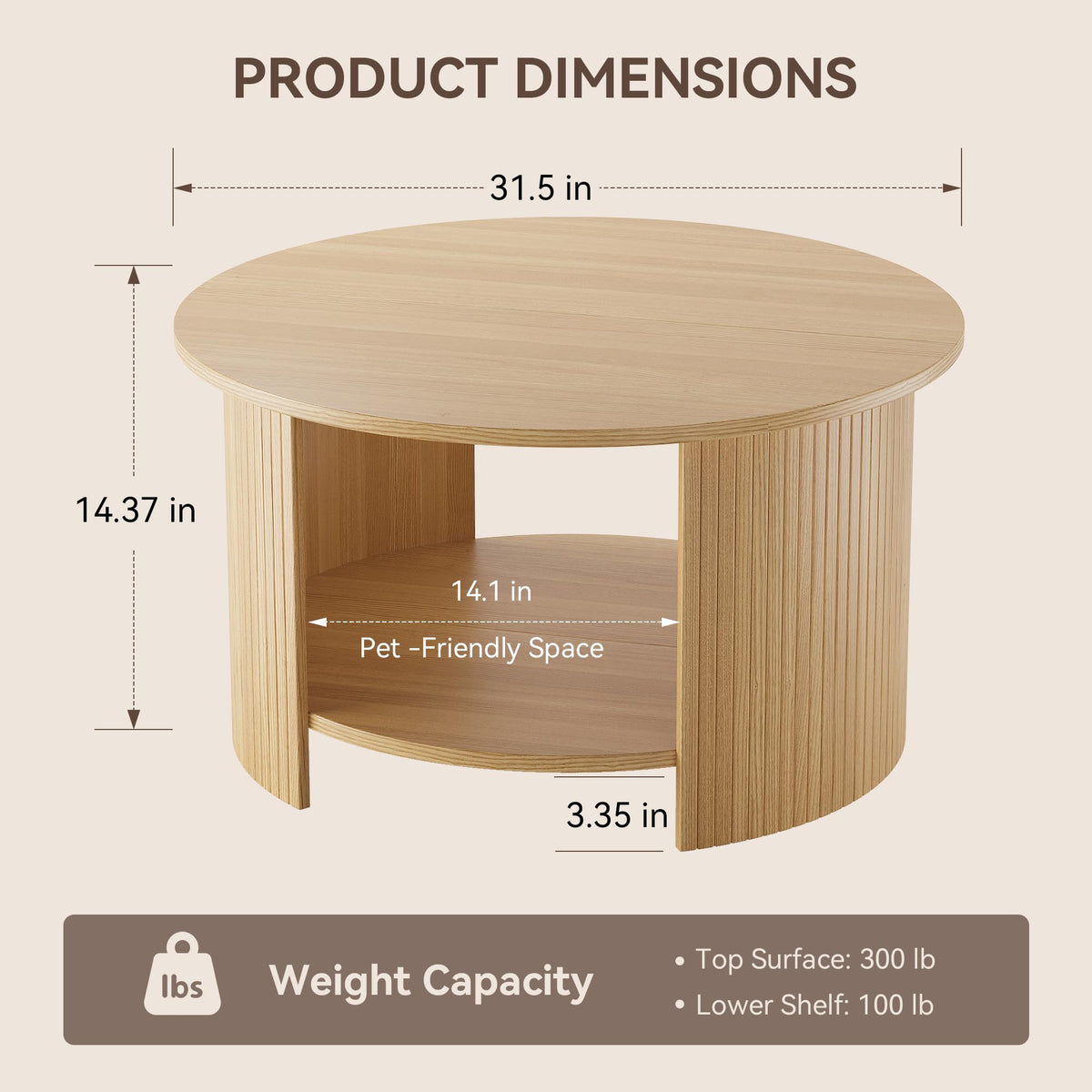 31.5" Round Wood Coffee Table with Storage X356
