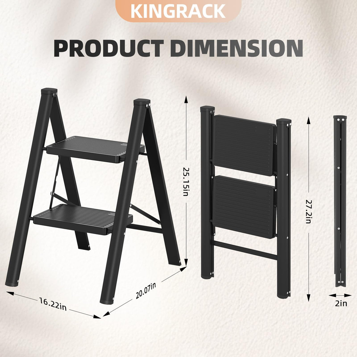 2 Step Folding Ladder with Non-Slip Wide Pedals and Safety Lock, Black Y740