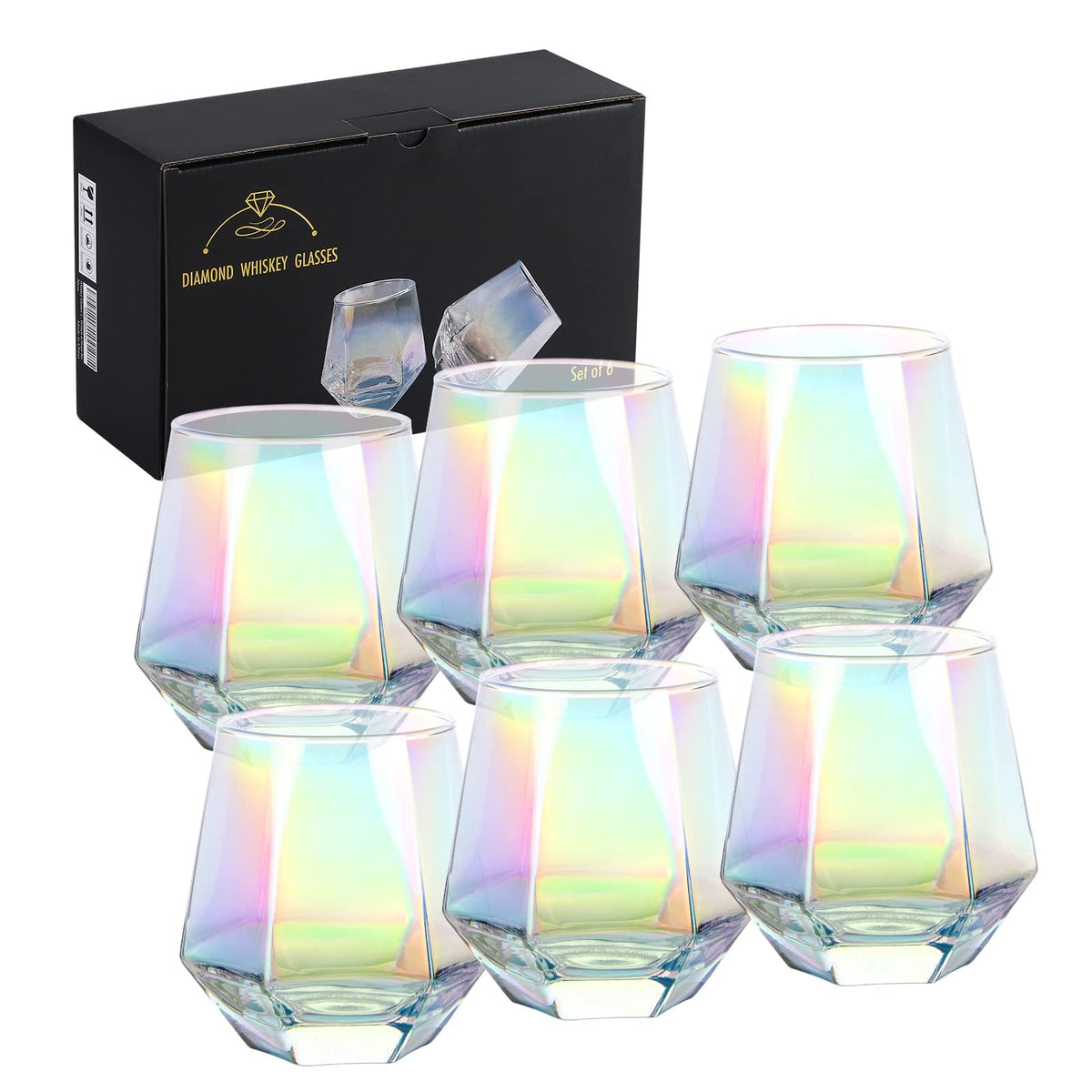 Stemless Wine Glasses Set of 6, 10 Oz Iridescent Diamond Shaped Glassware S285553