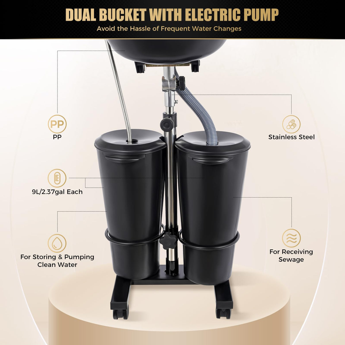 Portable Shampoo Bowl with Electric Pump, Adjustable Height Hair Washing Station with 2 Bucket P27446