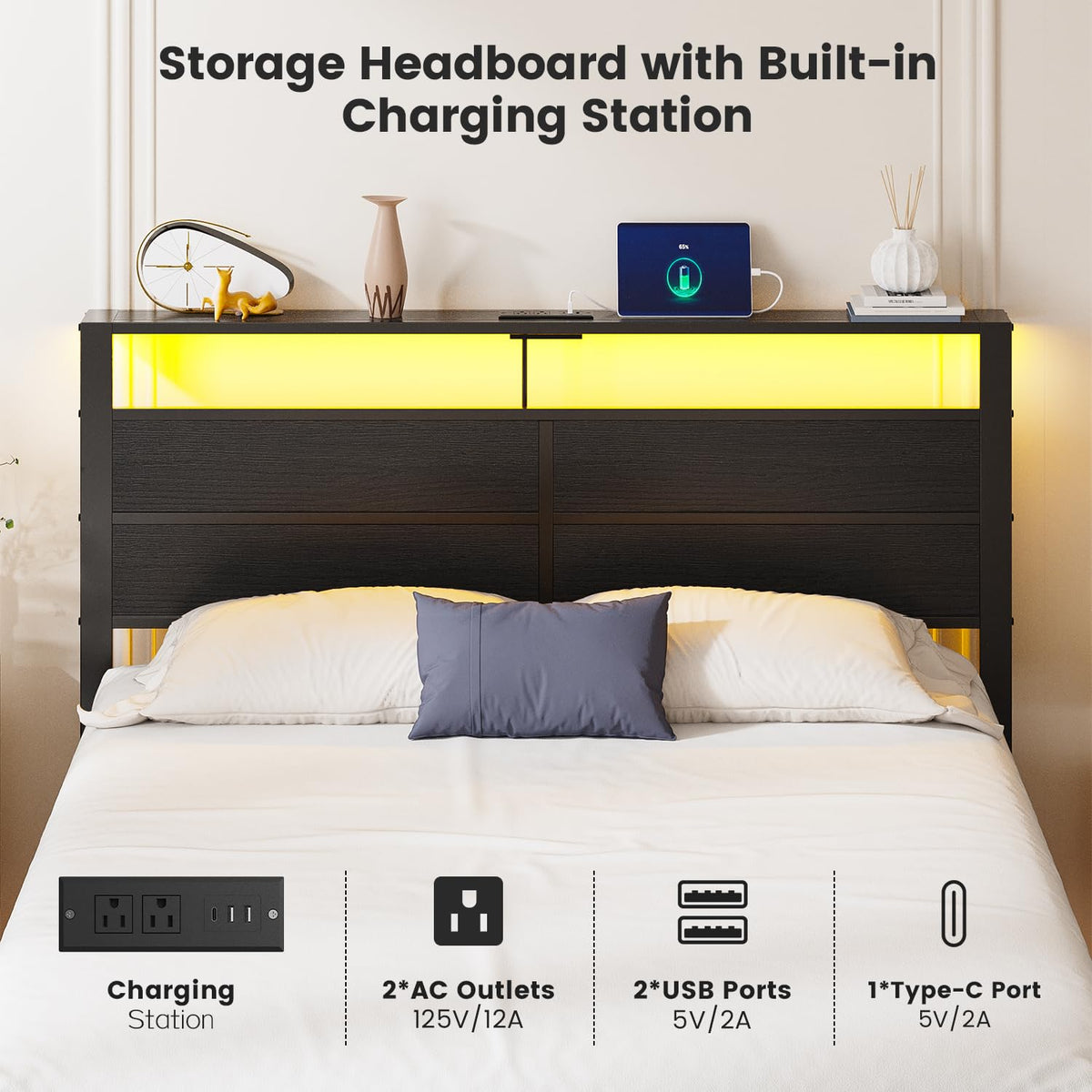 Full Size Metal Bed Frame with Storage Headboard A667286