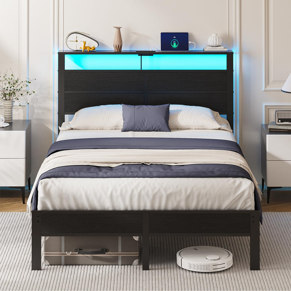 Full Size Metal Bed Frame with Storage Headboard A667286