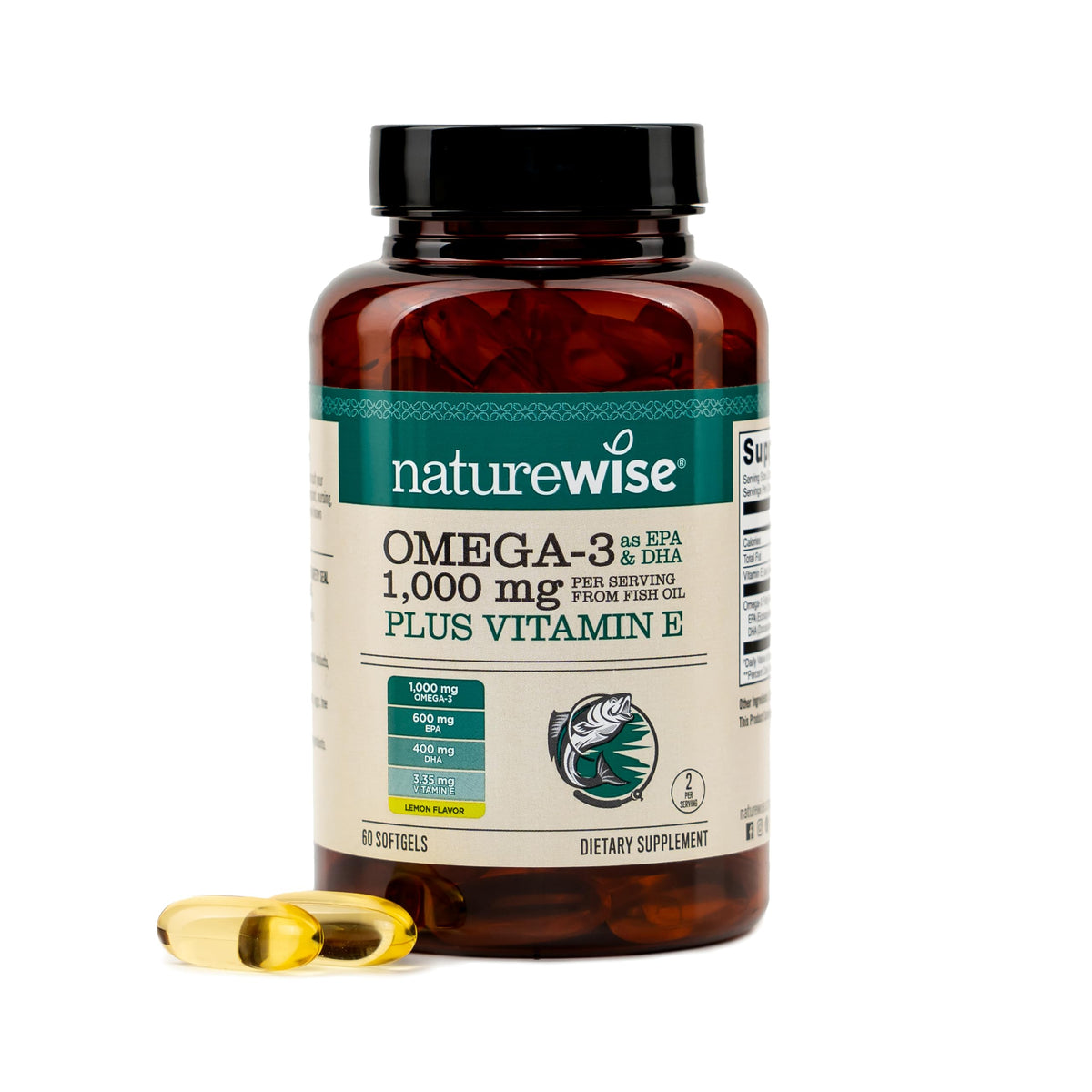 Omega 3 Fish Oil Supplement 1000mg 600 EPA 400 DHA Lemon Flavor 60 Softgels M792