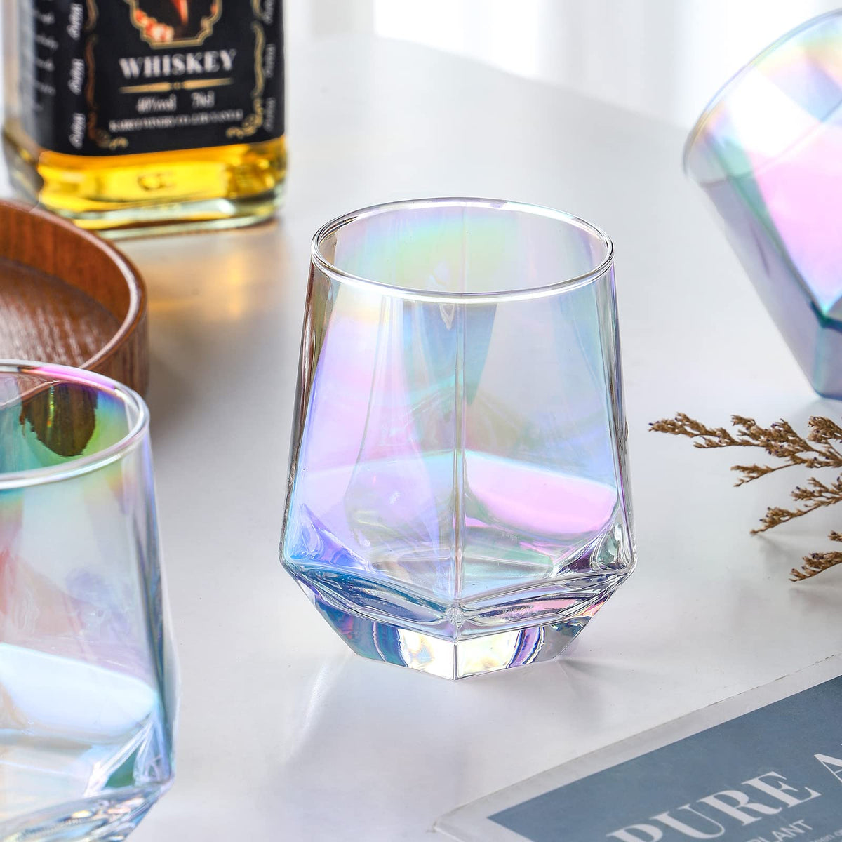 Stemless Wine Glasses Set of 6, 10 Oz Iridescent Diamond Shaped Glassware S285553