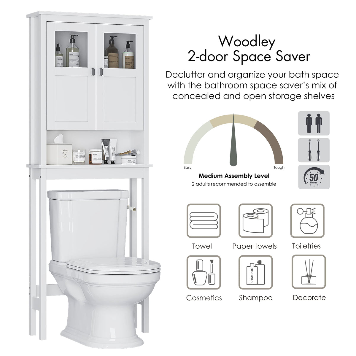 White Over the Toilet Storage Cabinet with Glass Doors G455460