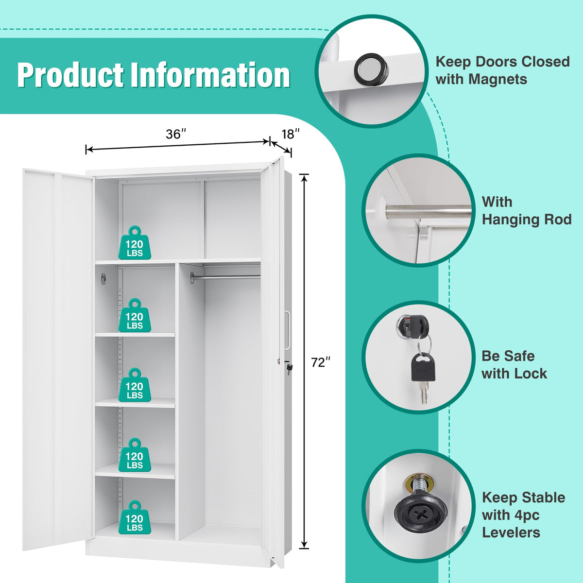 White Metal Storage Cabinet with Hanging Rod and Lock W329786
