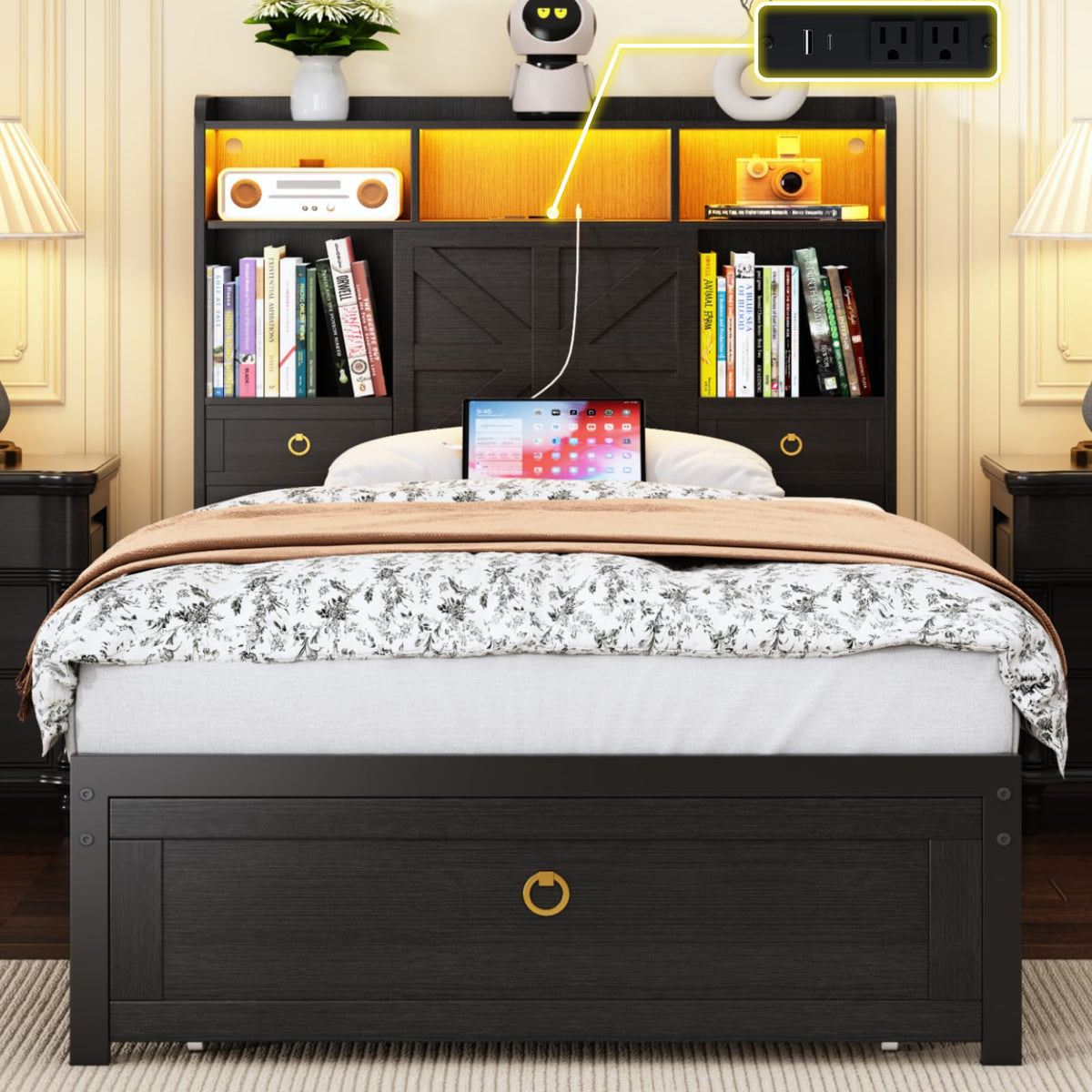 Black Twin Bed Frame with Storage Headboard and Drawers C520