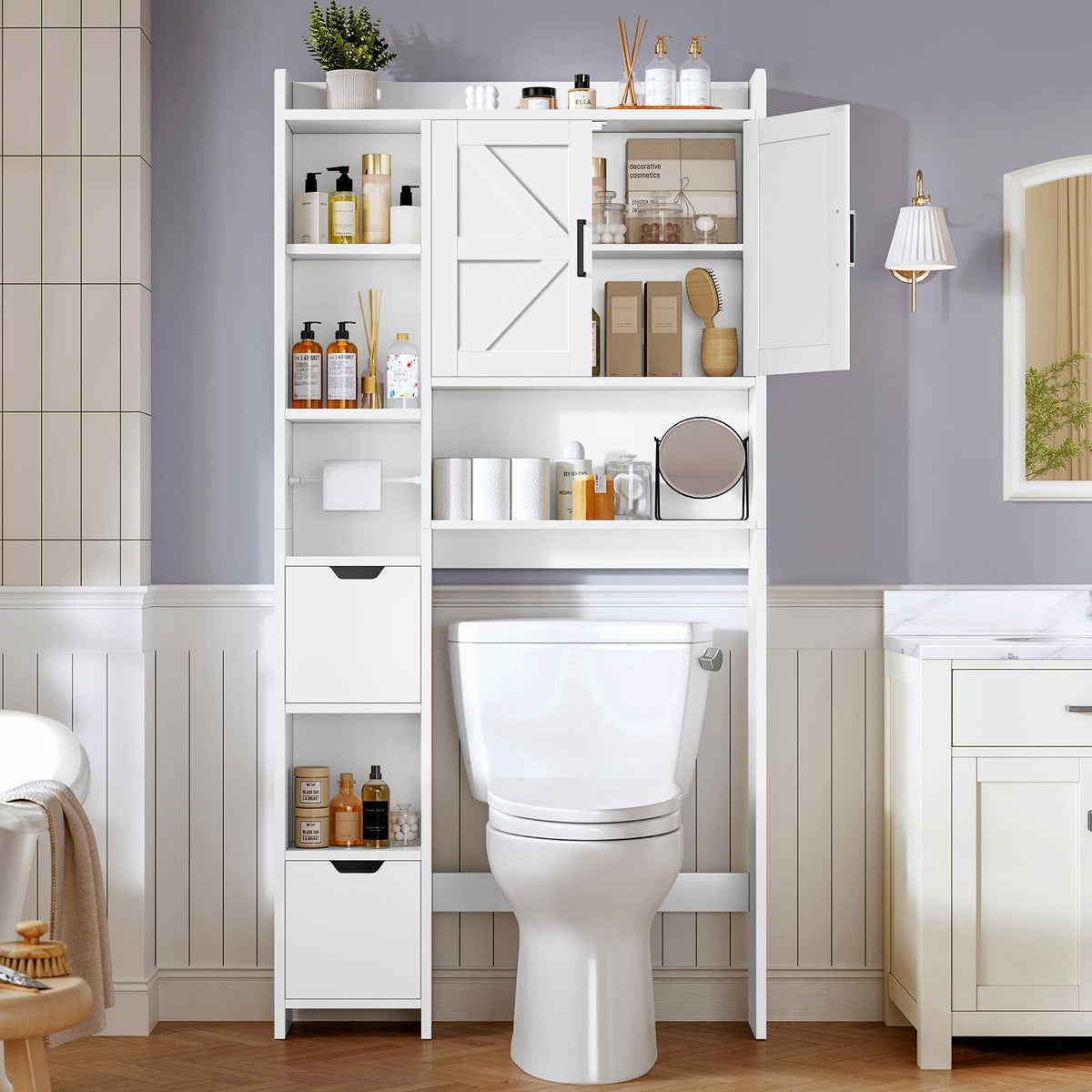 White Over the Toilet Storage Cabinet with 2 Removable Drawers Y9246