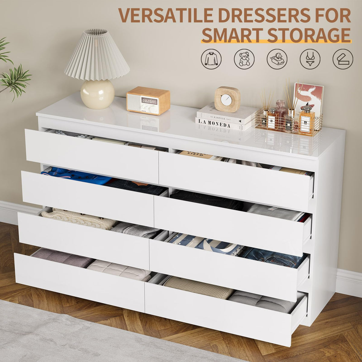 White 8 Drawer Wood Dresser A461