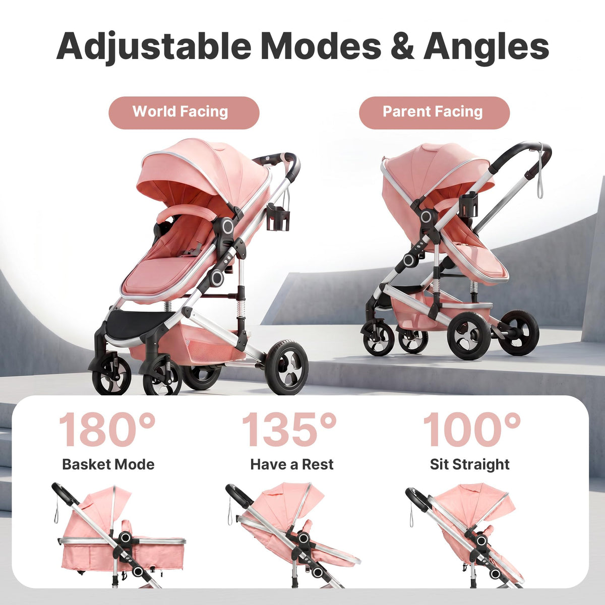 2-in-1 Foldable Stroller with Reversible Seat, Pink T7245